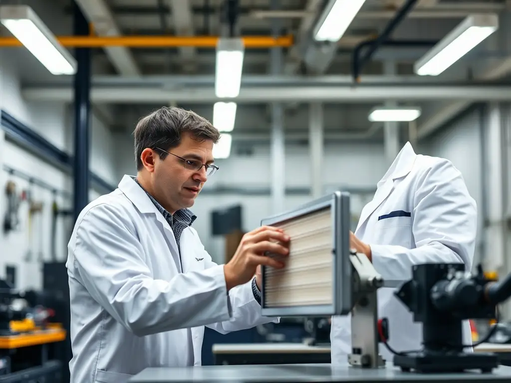 An experienced technician inspecting a particulate filter in a modern workshop.